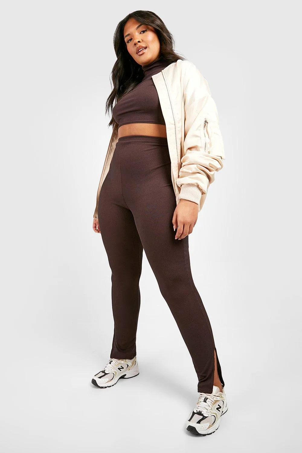 Plus Rib Side Split Hem High Waist Leggings