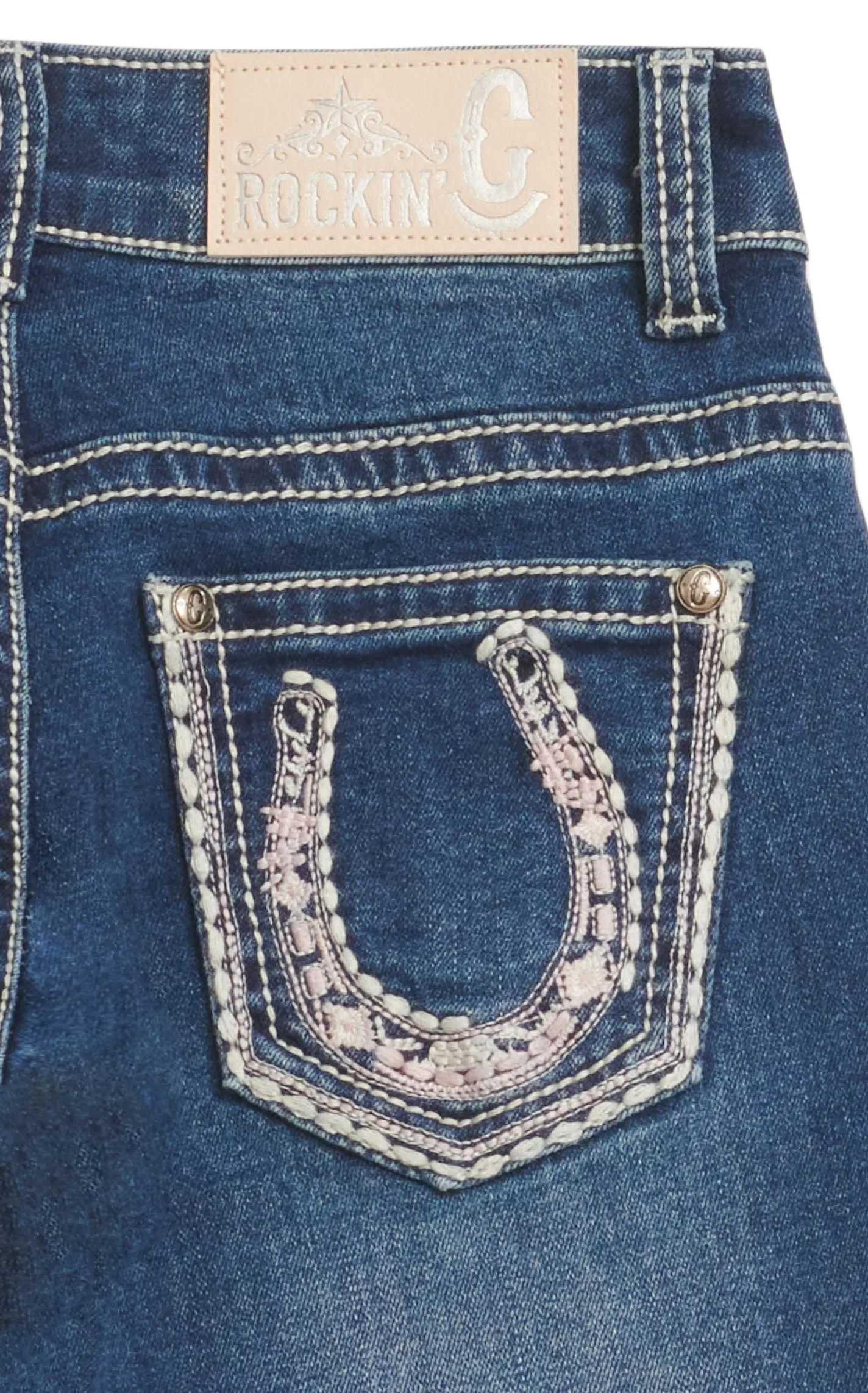 Rockin C Girl's Dark Wash Embroidery Horseshoe Pocket Boot Cut Jeans