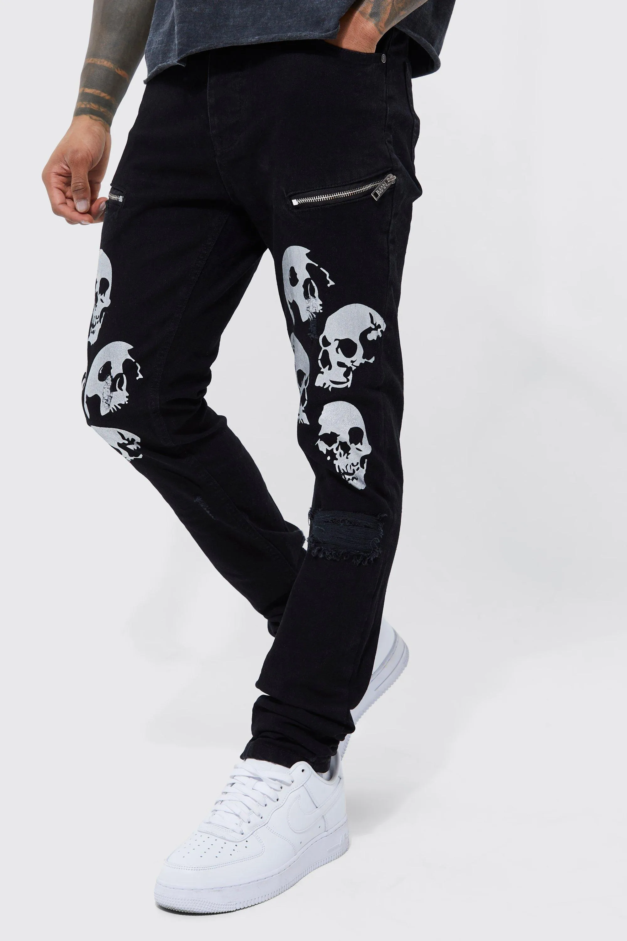 Skinny Stacked Chrome Skull Print Jeans