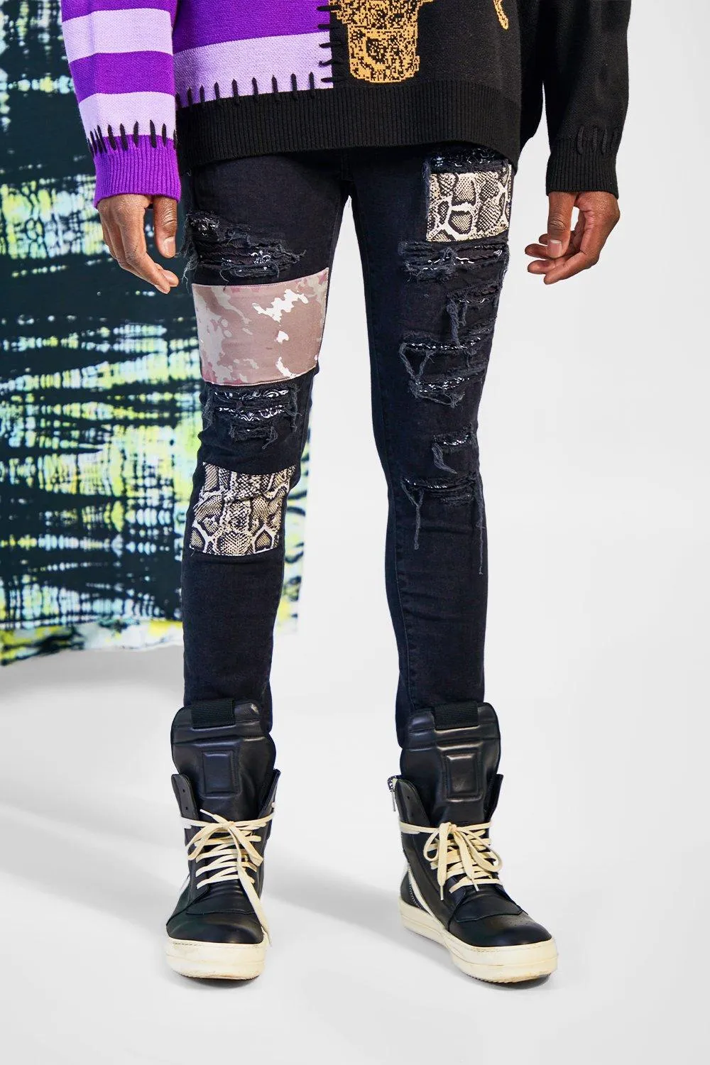 Skinny Stretch Rip & Repair Patchwork Jeans