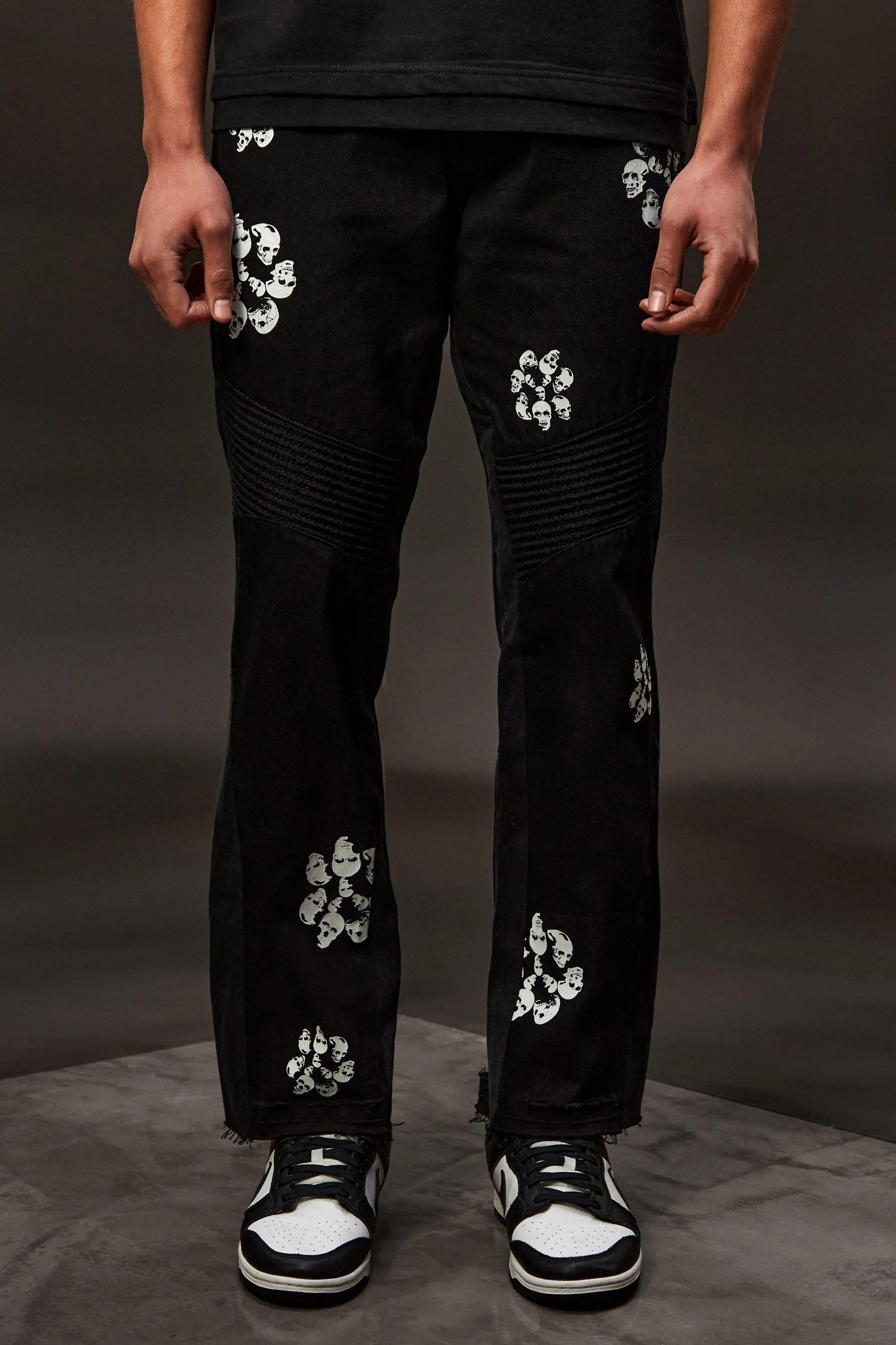 Slim Rigid Skull Print Biker Jeans