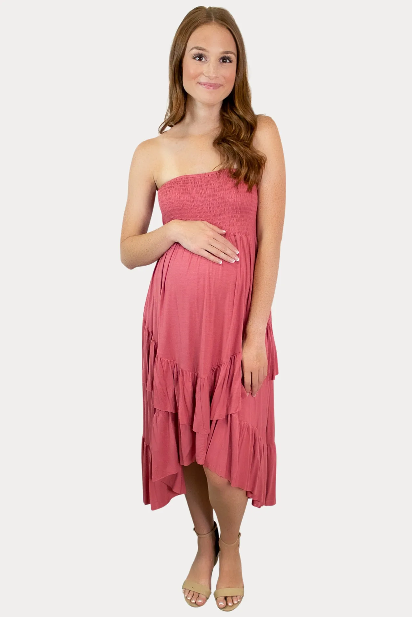 Strapless Ruffle Maternity Dress in Peony