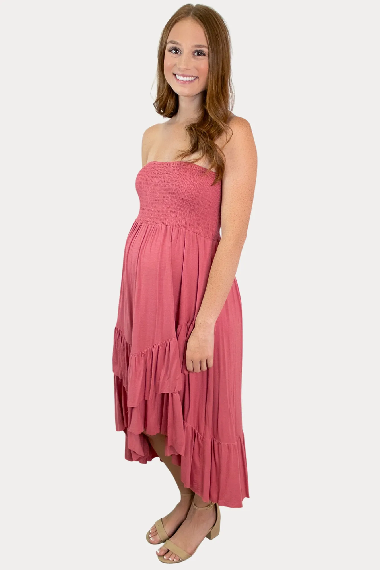 Strapless Ruffle Maternity Dress in Peony