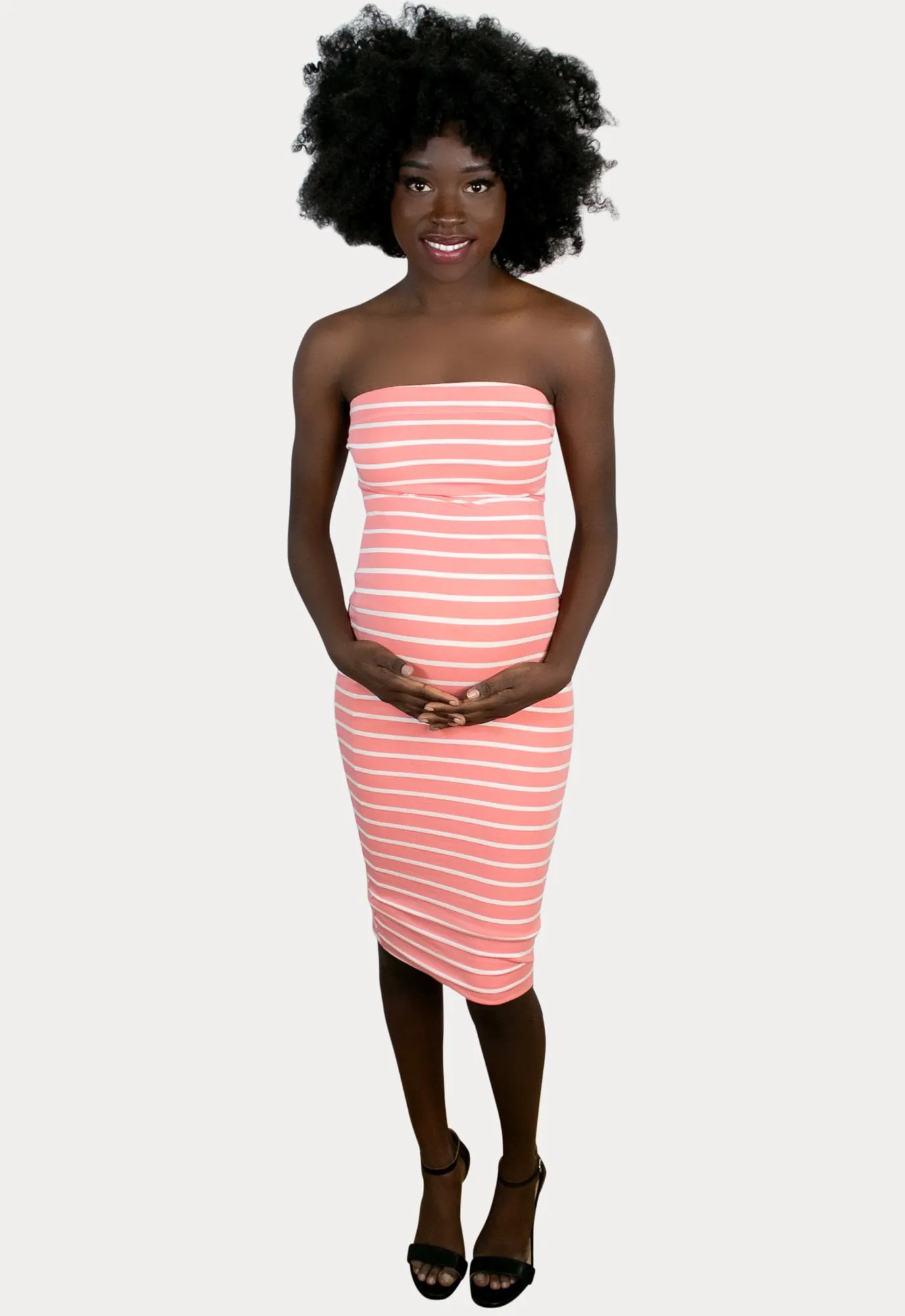 Strapless Striped Maternity Bodycon in Coral