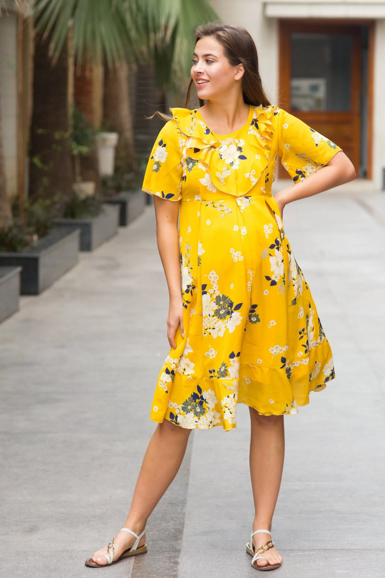 Sunrise Yellow Frill Maternity & Nursing Dress