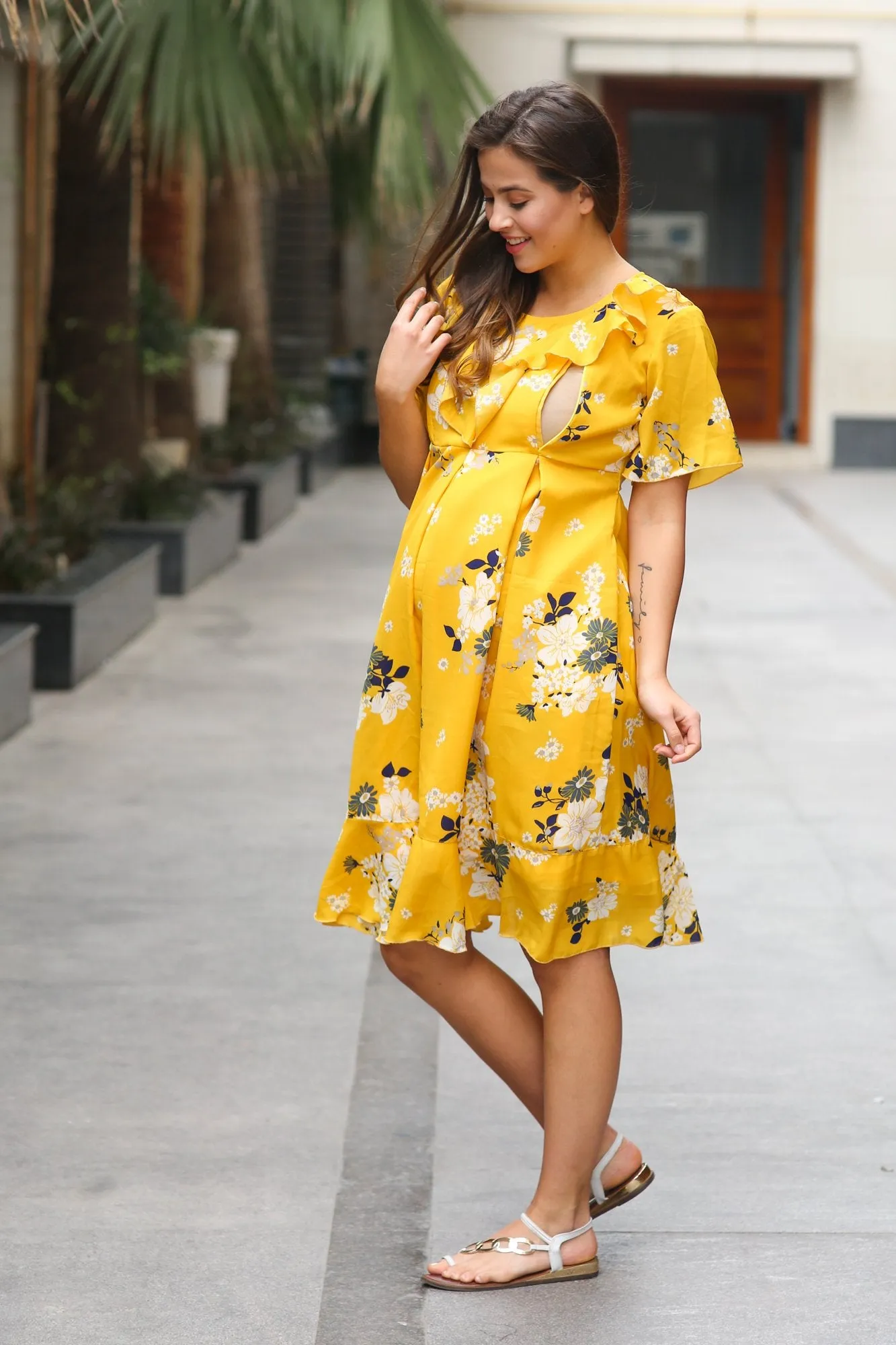 Sunrise Yellow Frill Maternity & Nursing Dress