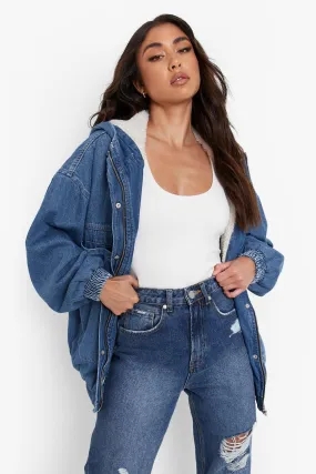 Teddy Lined Hooded Denim Bomber Jacket