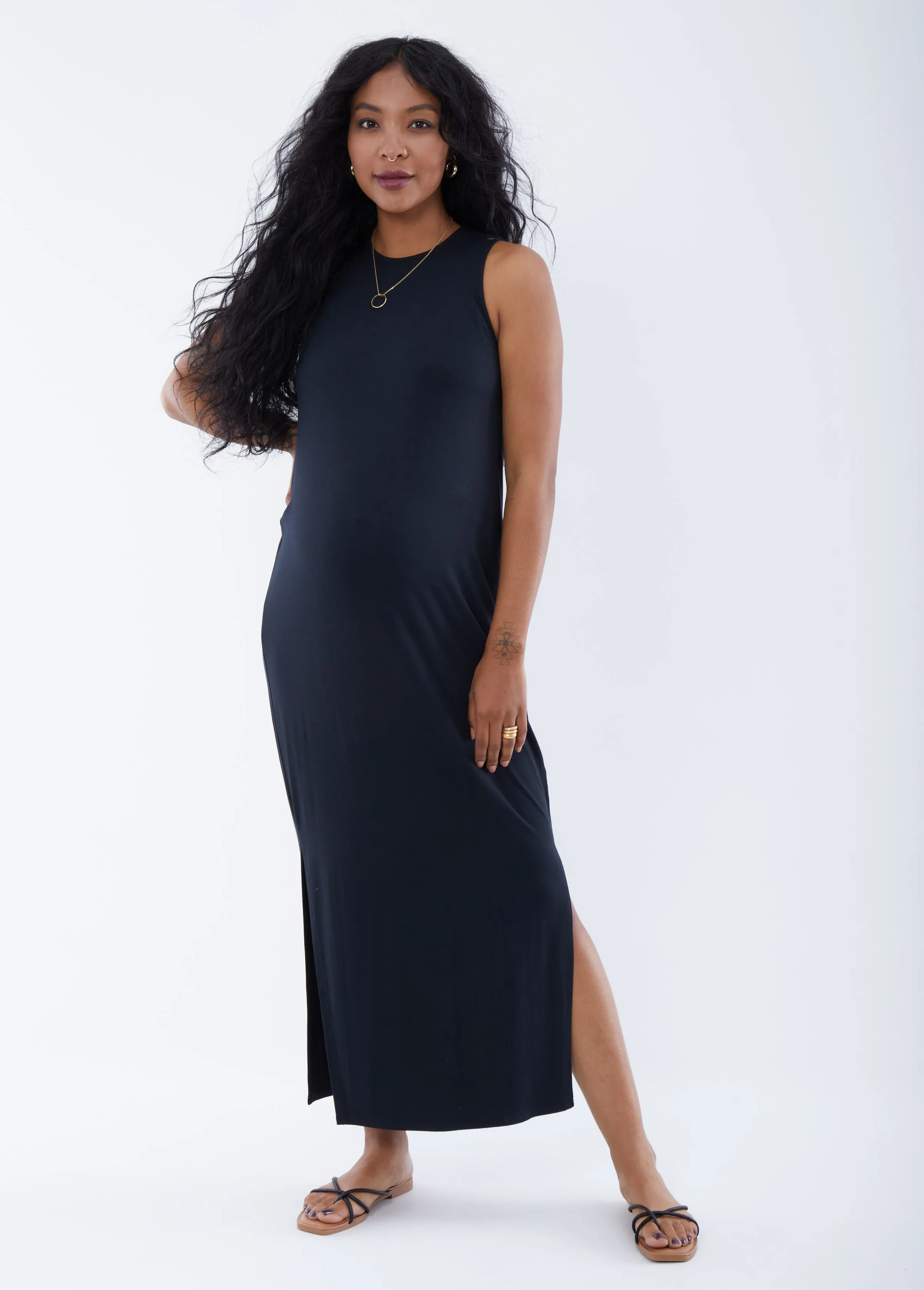 The One Black Maternity Midi Dress