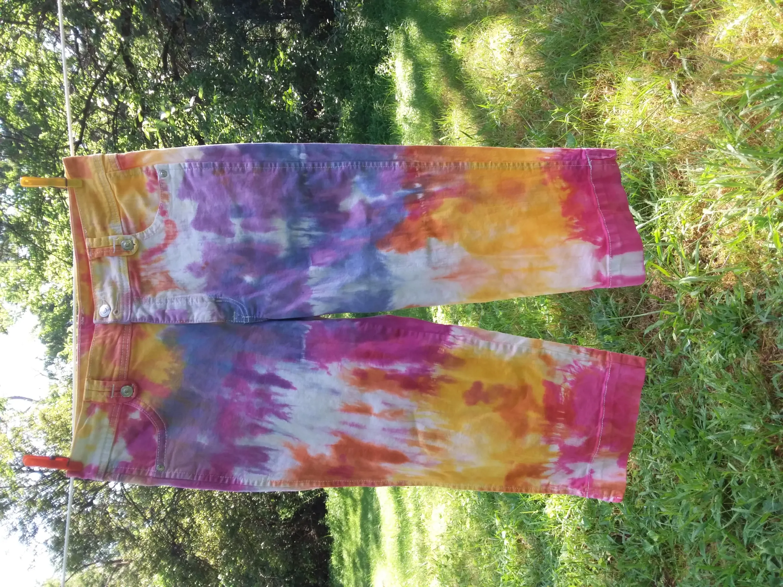 Tie Dye Denim Capri Jeans, Yellow Orange Pink Purple Blue