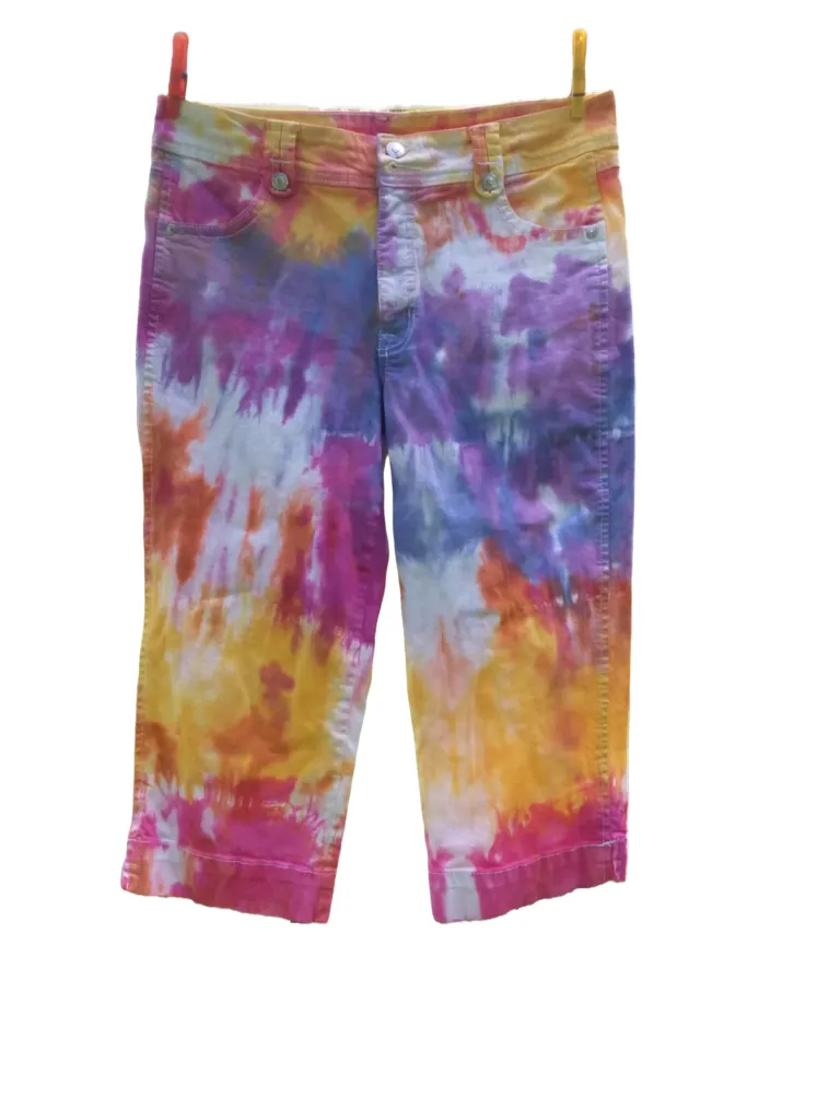 Tie Dye Denim Capri Jeans, Yellow Orange Pink Purple Blue