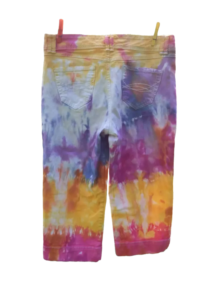 Tie Dye Denim Capri Jeans, Yellow Orange Pink Purple Blue