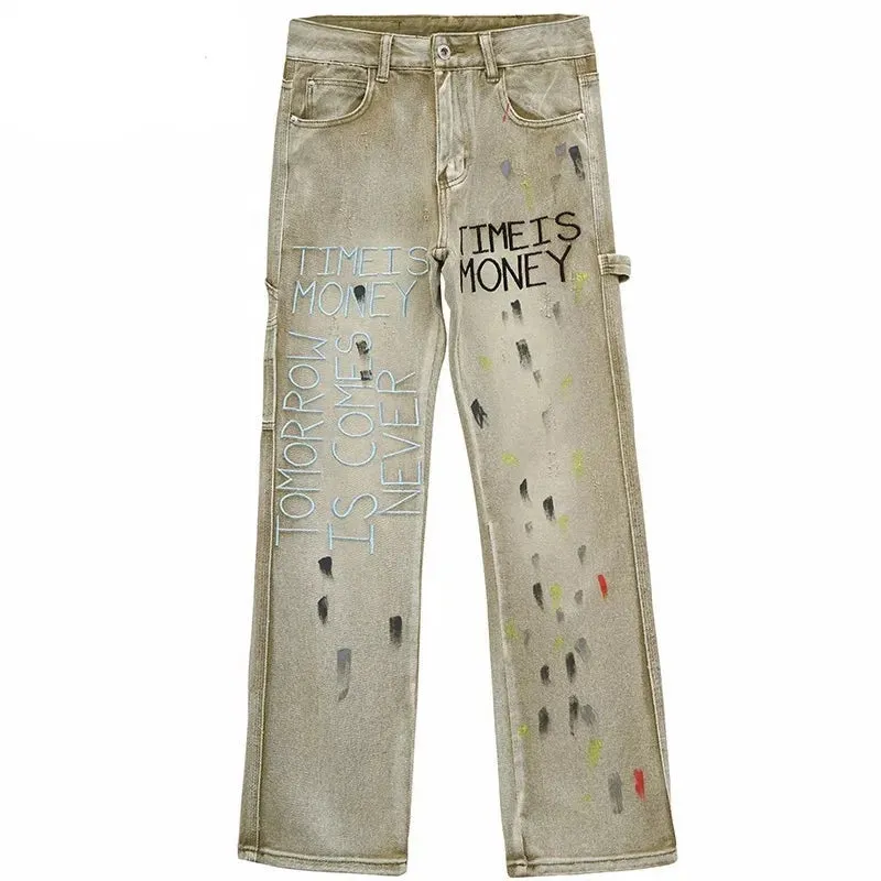 'Time is Money' Embroidered Denim Jeans with Custom Paint Splatter