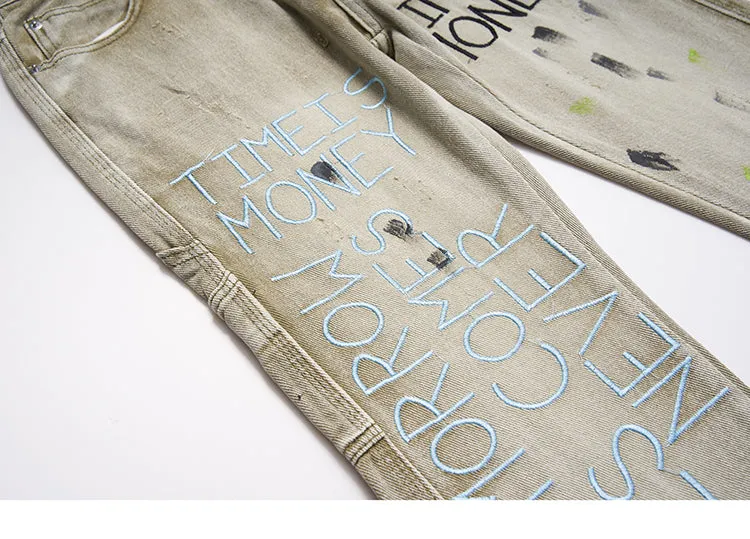 'Time is Money' Embroidered Denim Jeans with Custom Paint Splatter