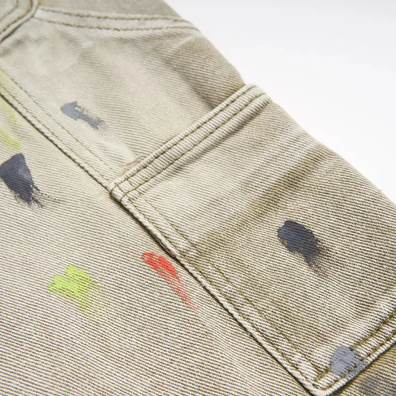 'Time is Money' Embroidered Denim Jeans with Custom Paint Splatter