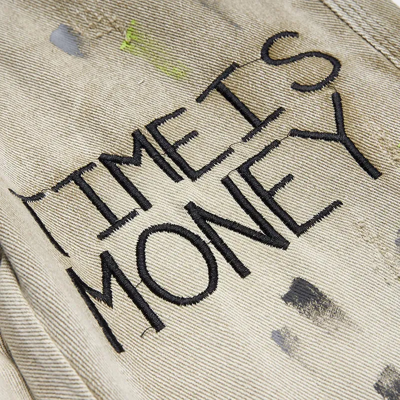 'Time is Money' Embroidered Denim Jeans with Custom Paint Splatter