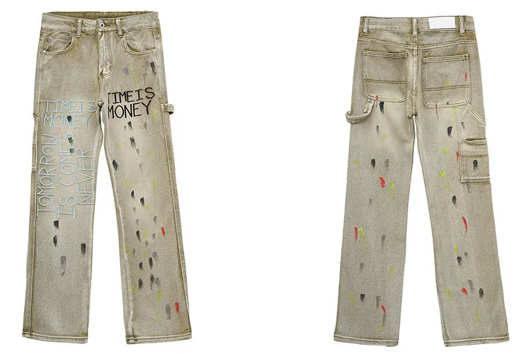 'Time is Money' Embroidered Denim Jeans with Custom Paint Splatter