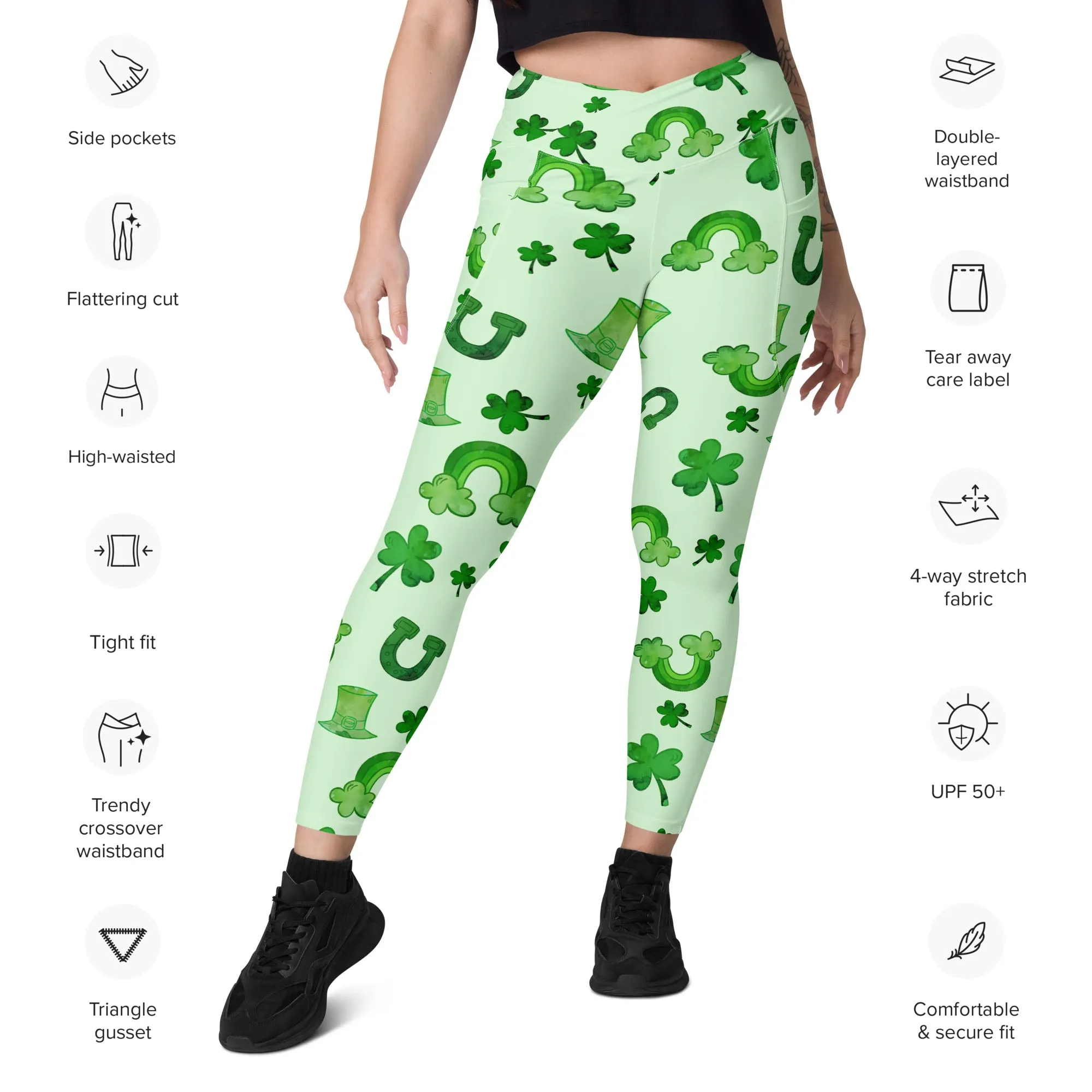 Watercolor St. Patrick's Day Crossover Leggings With Pockets