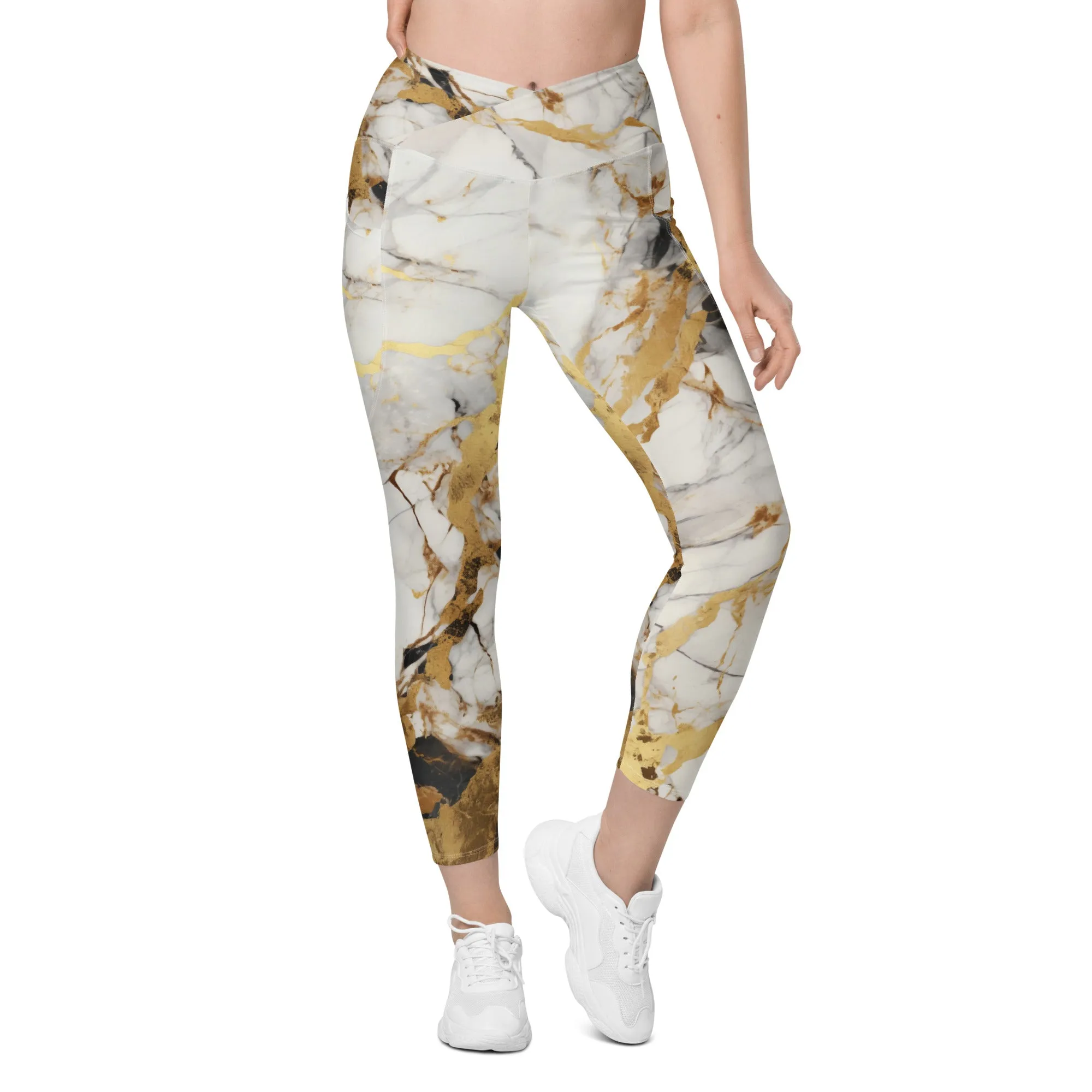 White & Gold Marble Crossover Leggings With Pockets