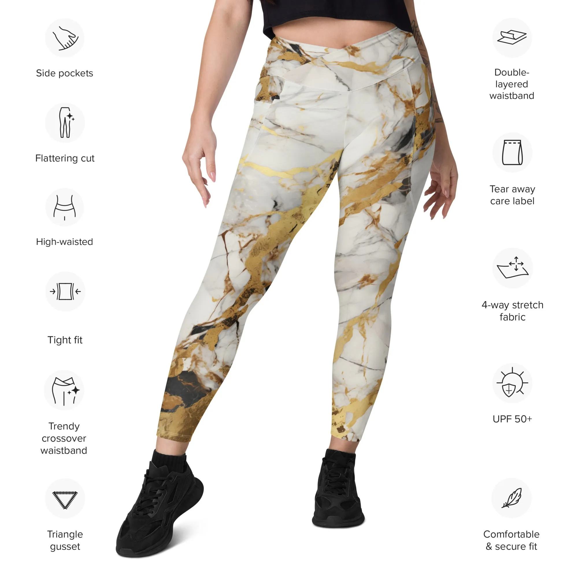 White & Gold Marble Crossover Leggings With Pockets