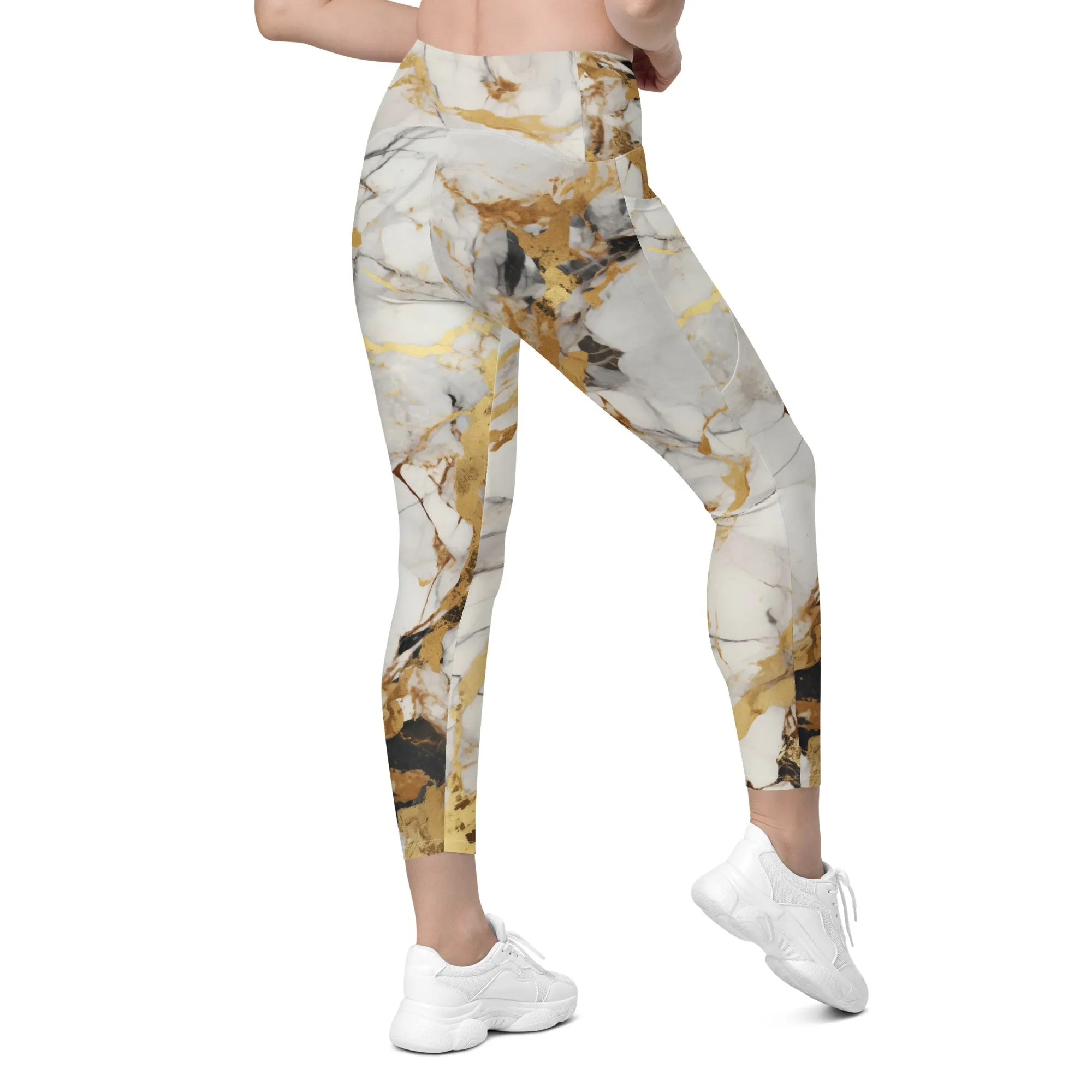 White & Gold Marble Crossover Leggings With Pockets