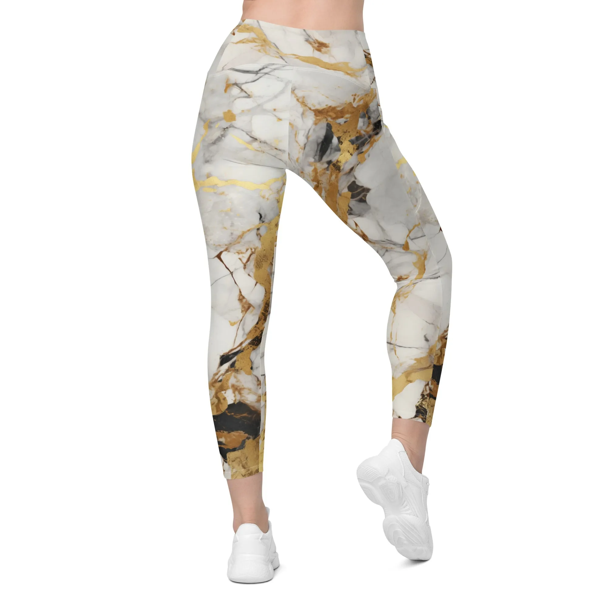 White & Gold Marble Crossover Leggings With Pockets