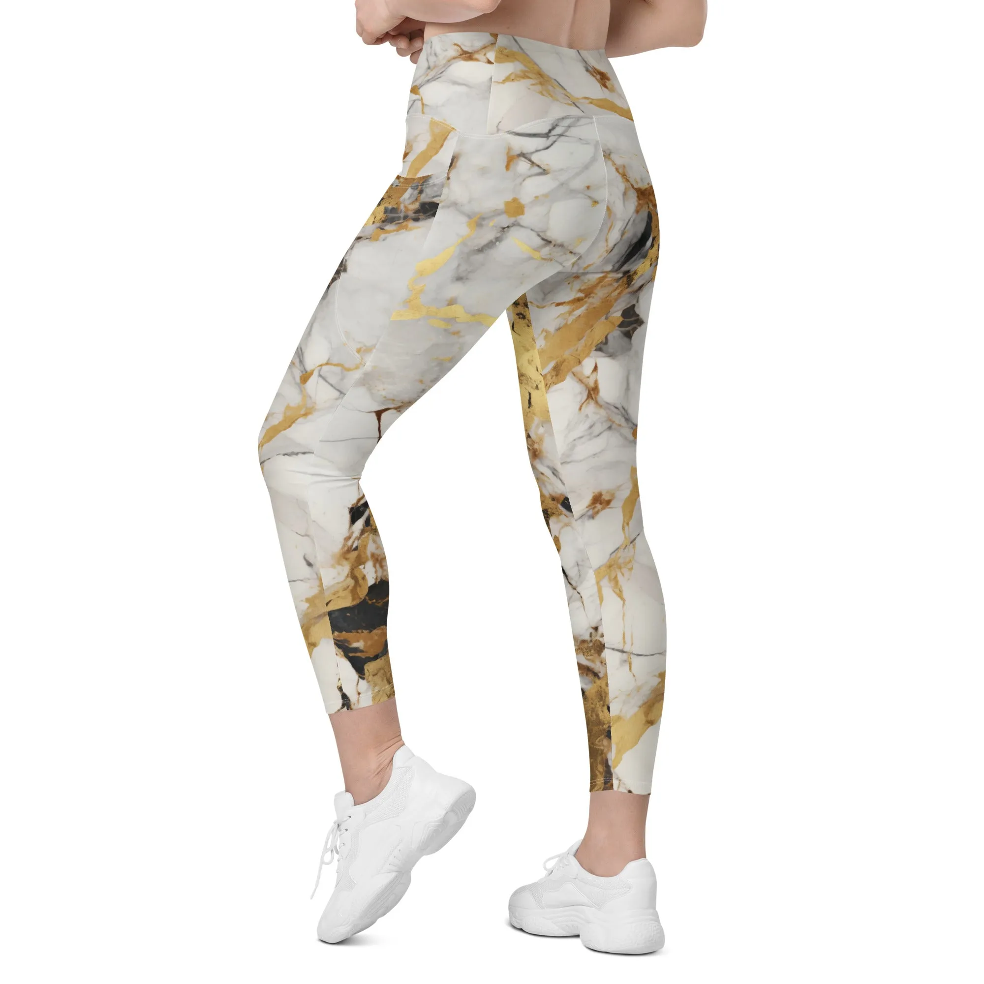 White & Gold Marble Crossover Leggings With Pockets