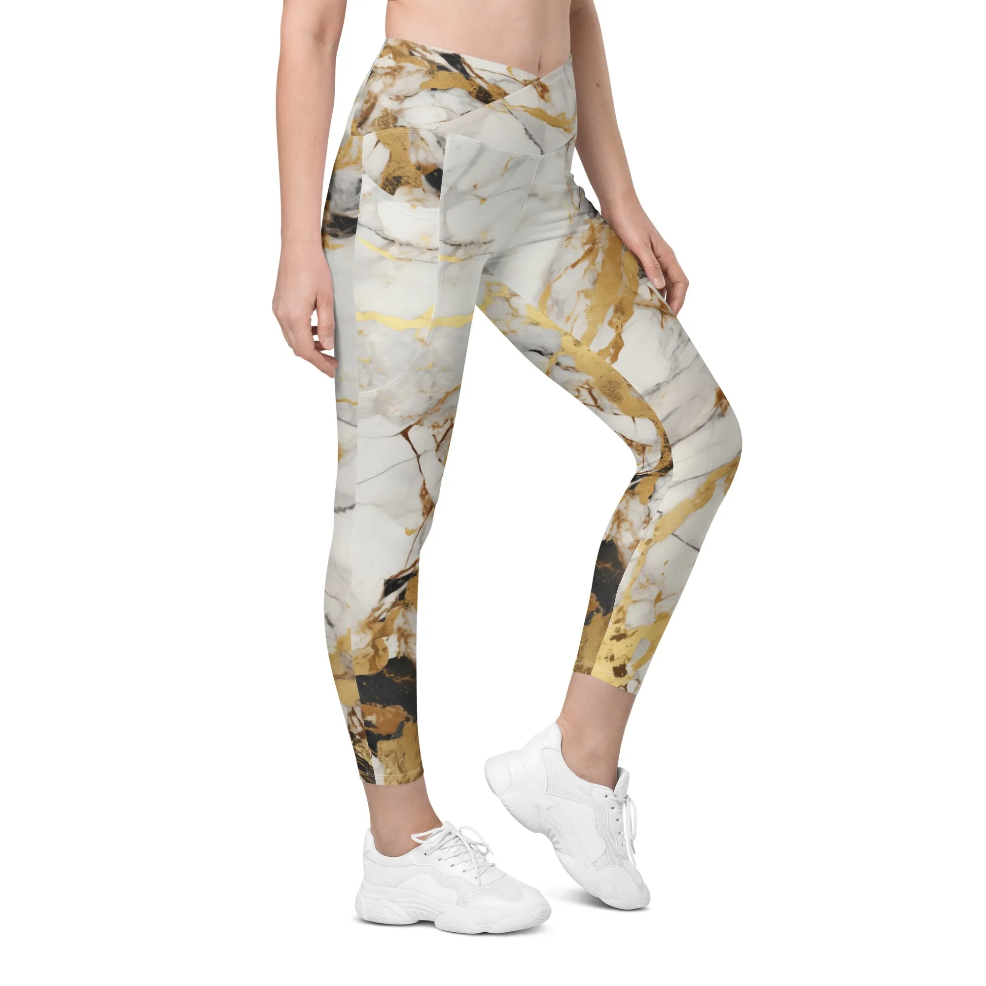 White & Gold Marble Crossover Leggings With Pockets