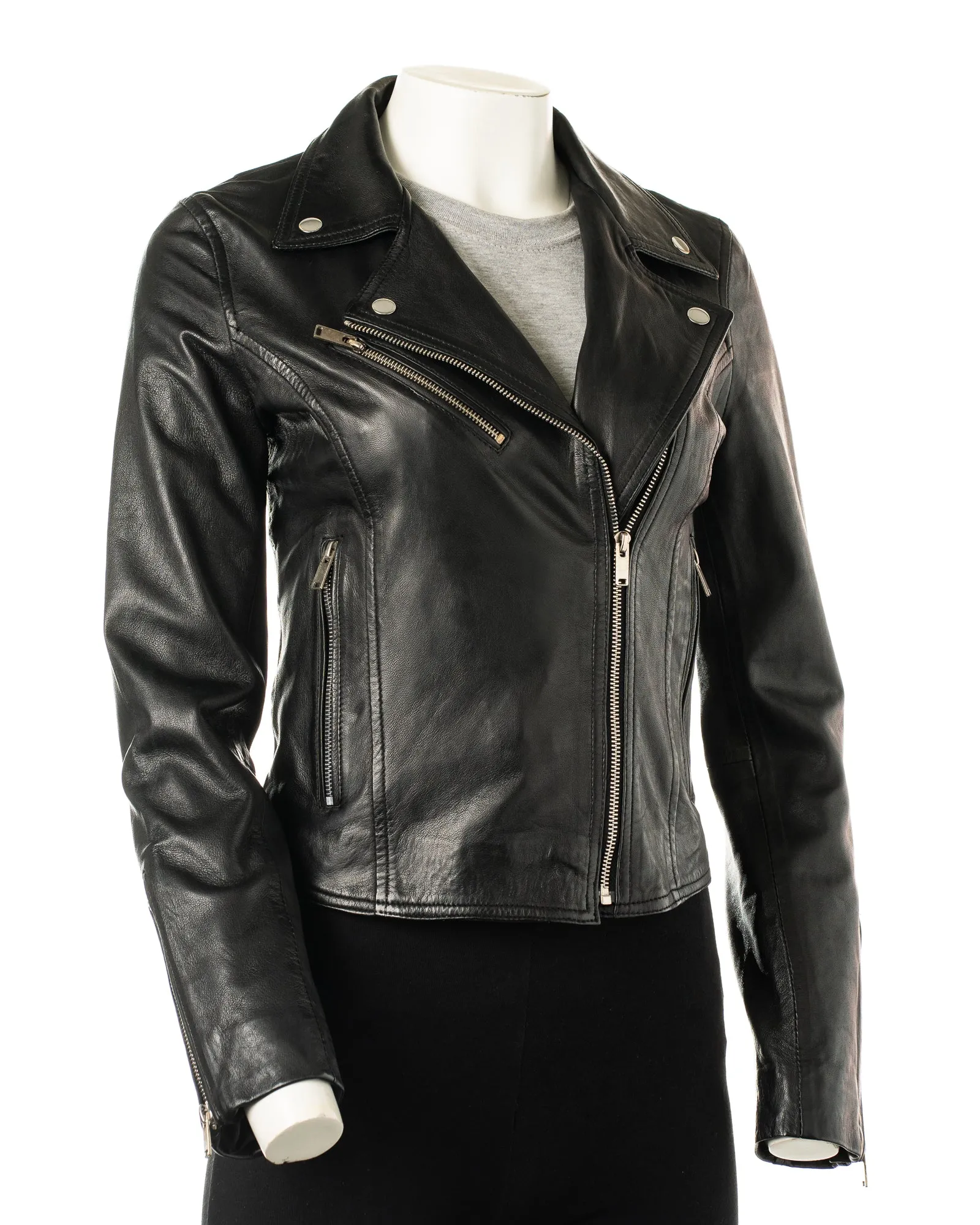 Women's Black Simple Asymmetric Leather Biker Jacket: Brigida