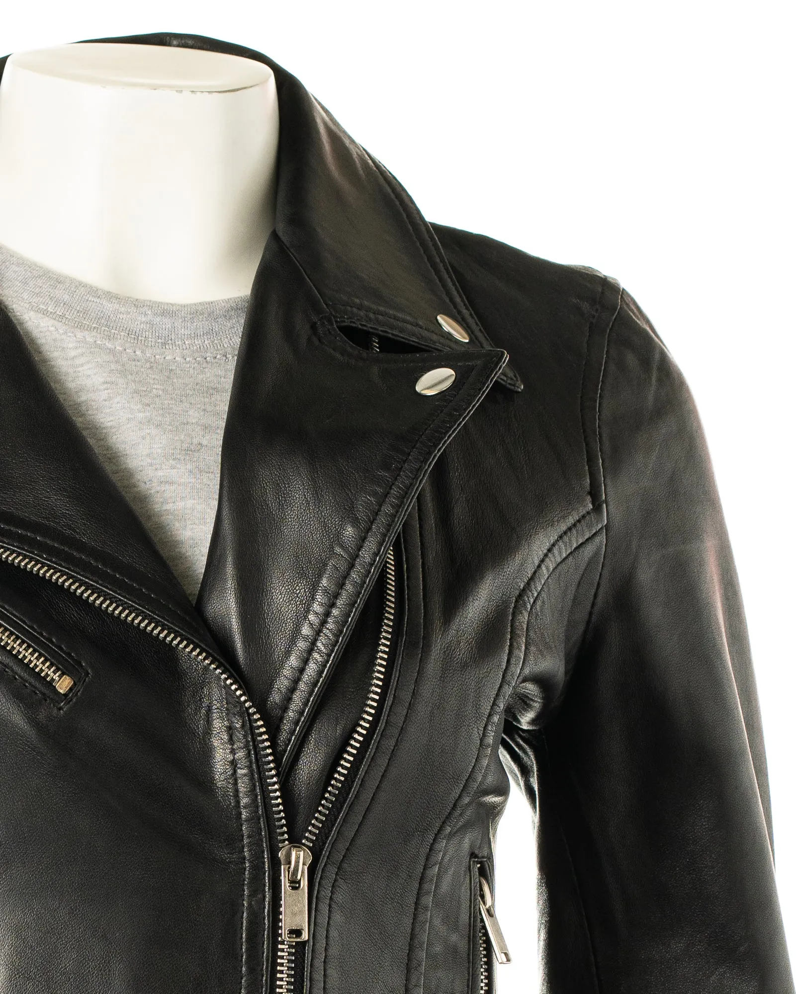 Women's Black Simple Asymmetric Leather Biker Jacket: Brigida